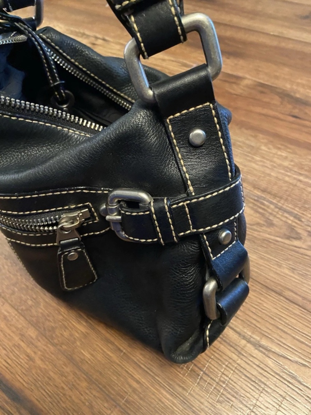 FOSSIL Black Leather Hobo Handbag Shoulder Purse Bag Classic Zip-Top Y2K - Picture 7 of 8